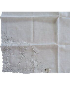 Vintage White Madeira Monogrammed Handkerchief Floral Embroidery Scalloped Edges